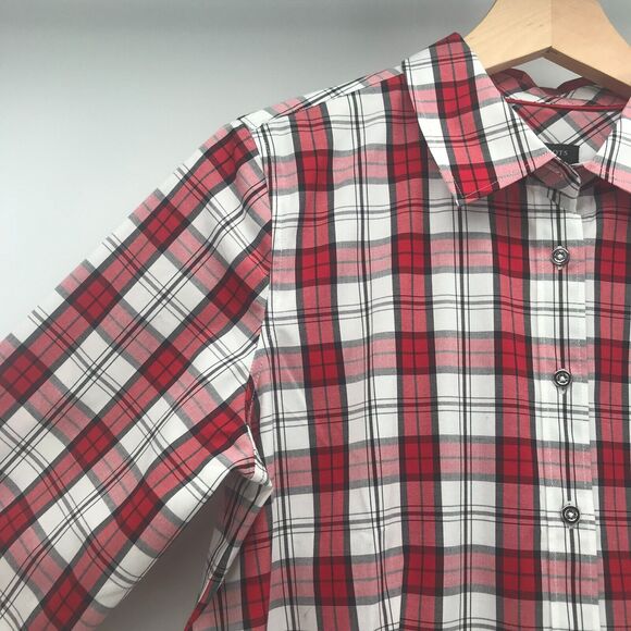 Talbots Top Womens 6 Red White Tartan Plaid Button Up Long Sleeve Cotton Stretch - Picture 3 of 12